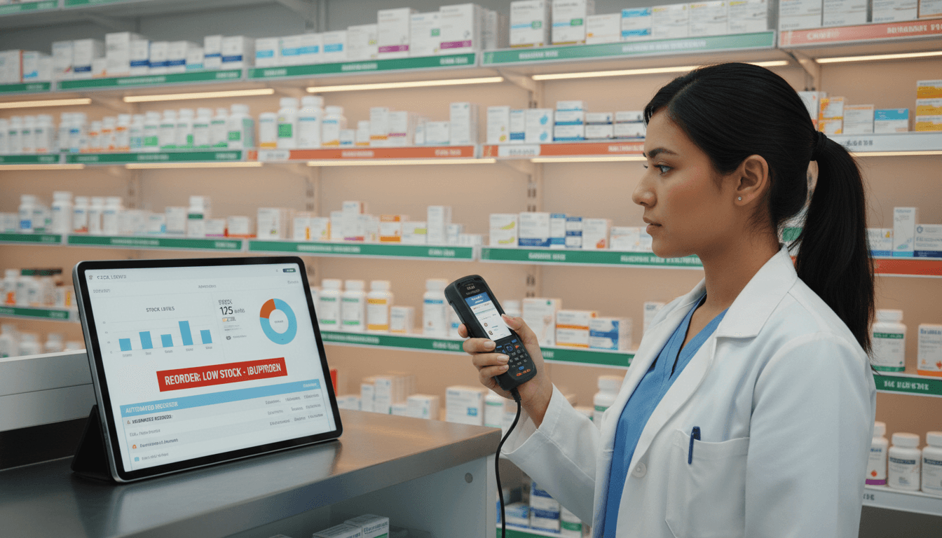 Pharmacy inventory optimisation system with real-time stock level tracking and reorder management